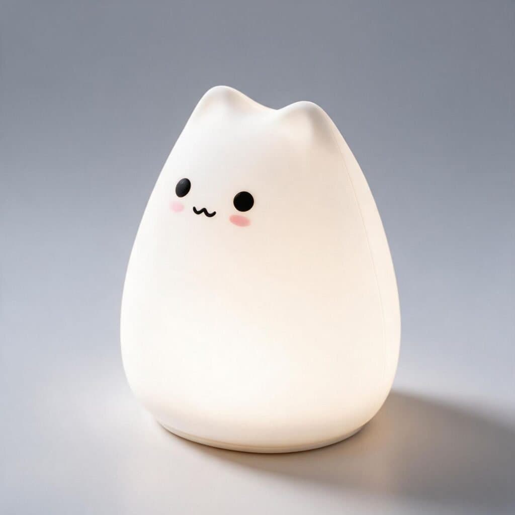 Mini lampara de noche de silicona con forma de gato, encendida