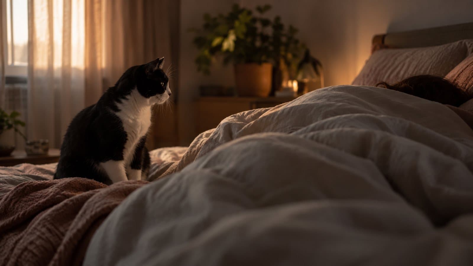 Gato sentado en la orilla de la cama al amanecer junto a una persona que duerme