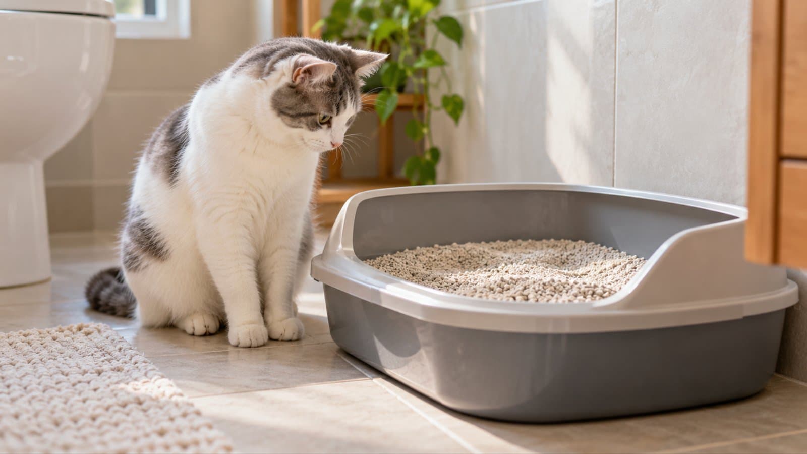 Gato blanco con manchas grises sentado junto a un arenero limpio en un rincón tranquilo