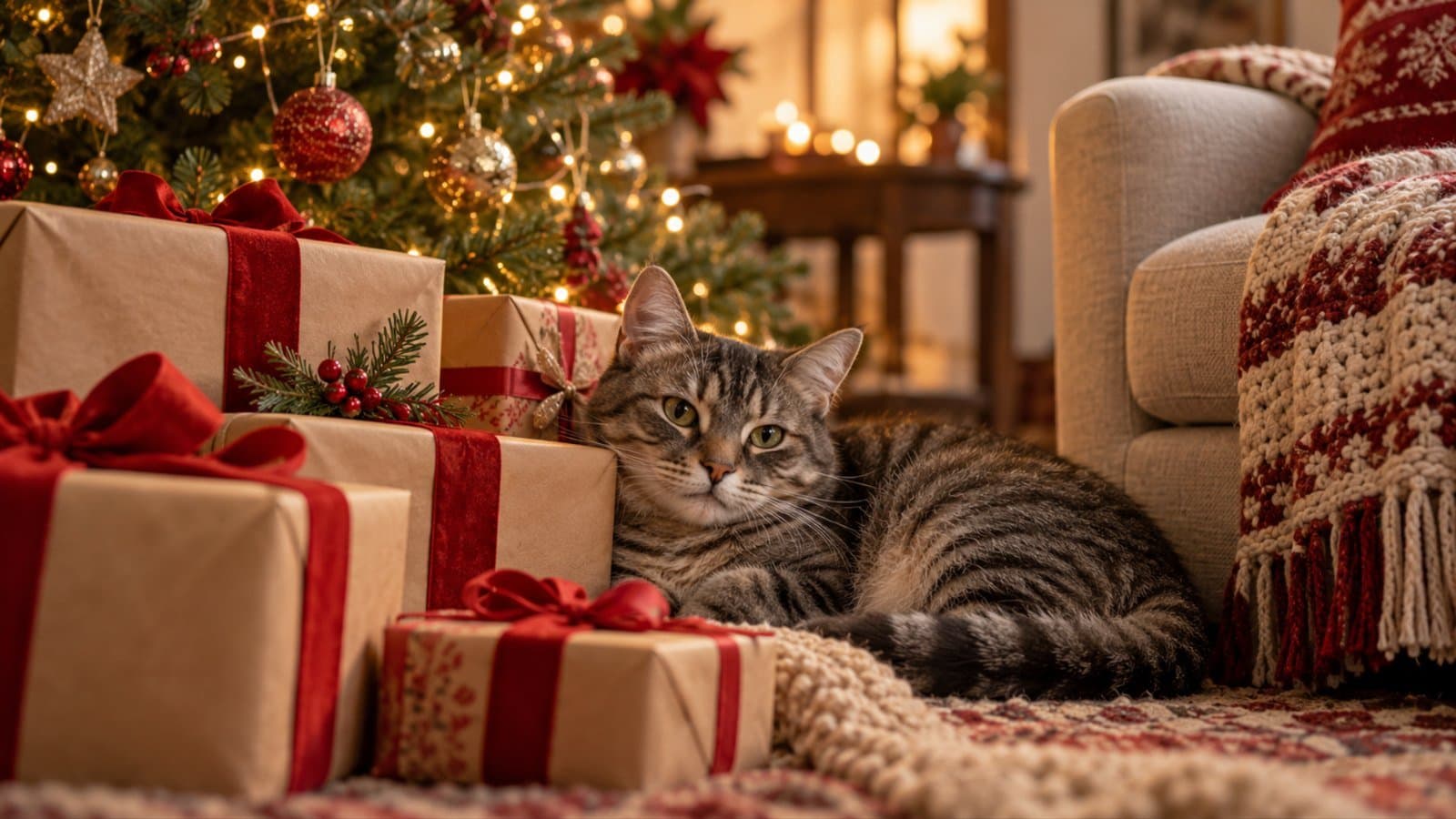 Gato atigrado acurrucado entre regalos de Navidad envueltos en papel kraft junto al árbol con luces