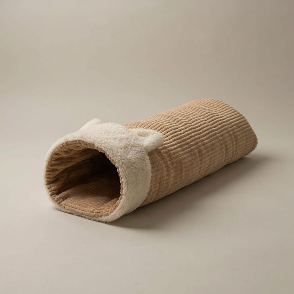 Saco de dormir de pana beige para gatos con cuello de felpa blanca