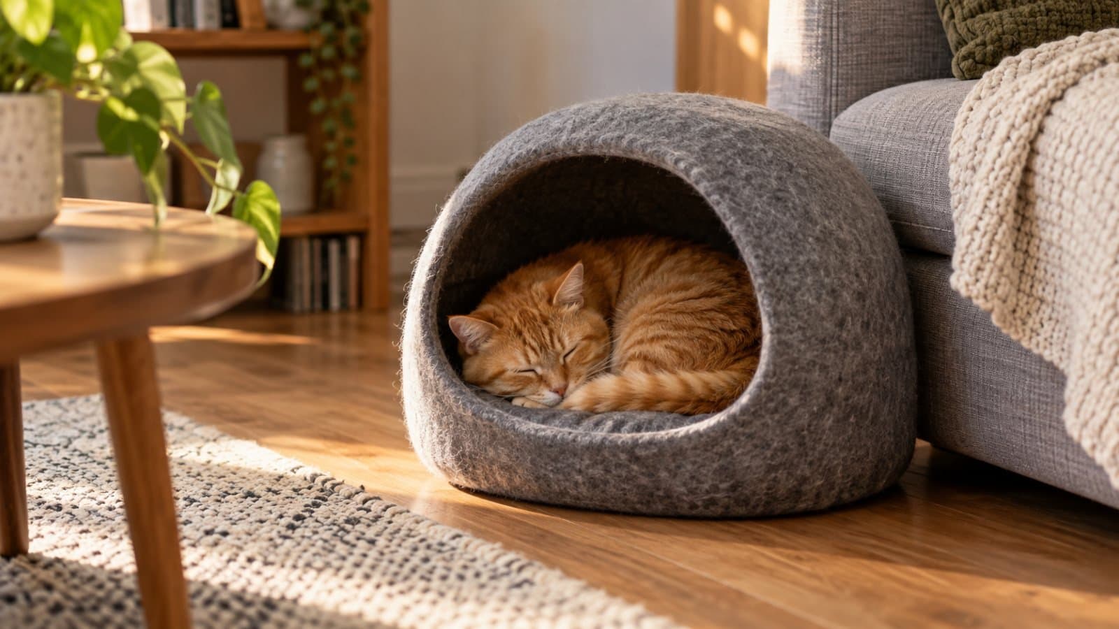 Gato naranja dormido dentro de una cama cueva de fieltro junto a un sillón