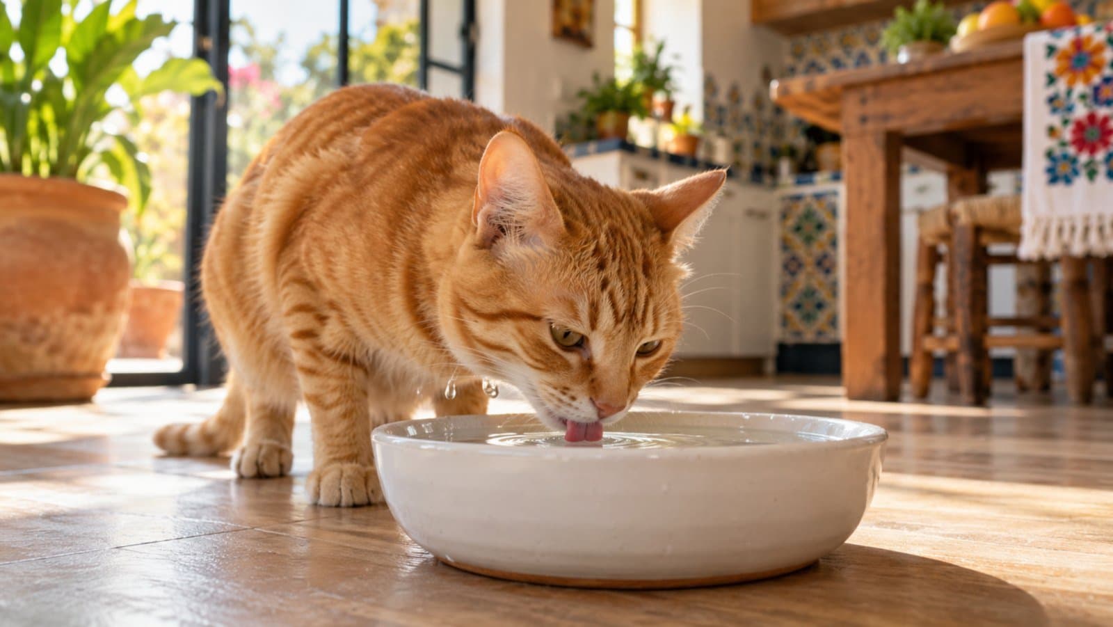 Gato naranja bebiendo agua de un cuenco de cerámica blanco en una cocina luminosa