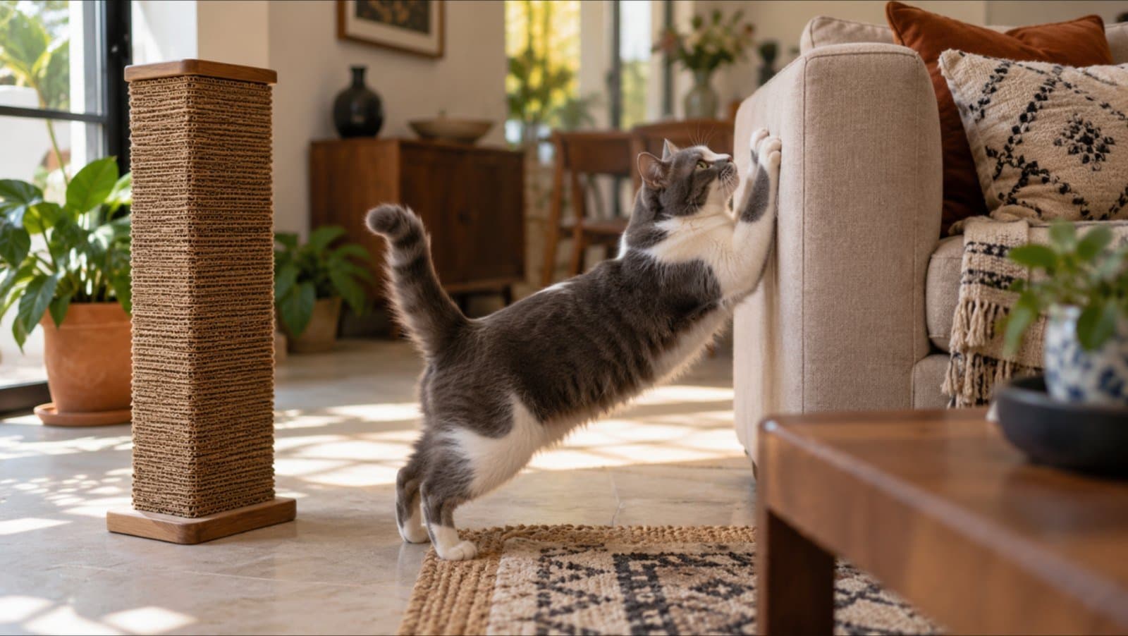 Gato gris y blanco estirándose contra el brazo de un sillón beige junto a un rascador de cartón