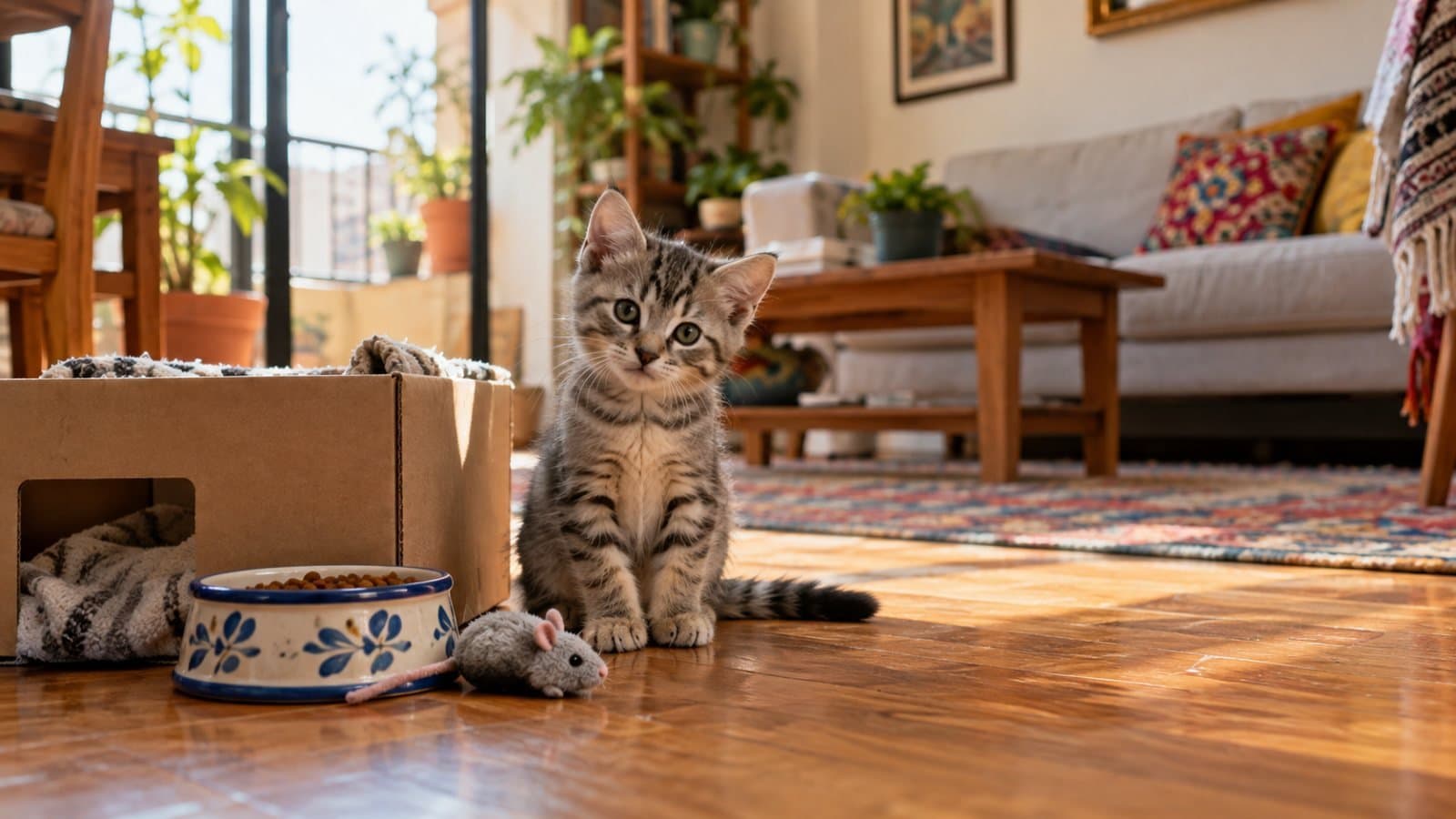 Gatito recién adoptado junto a una caja, un plato de cerámica y un ratón de juguete