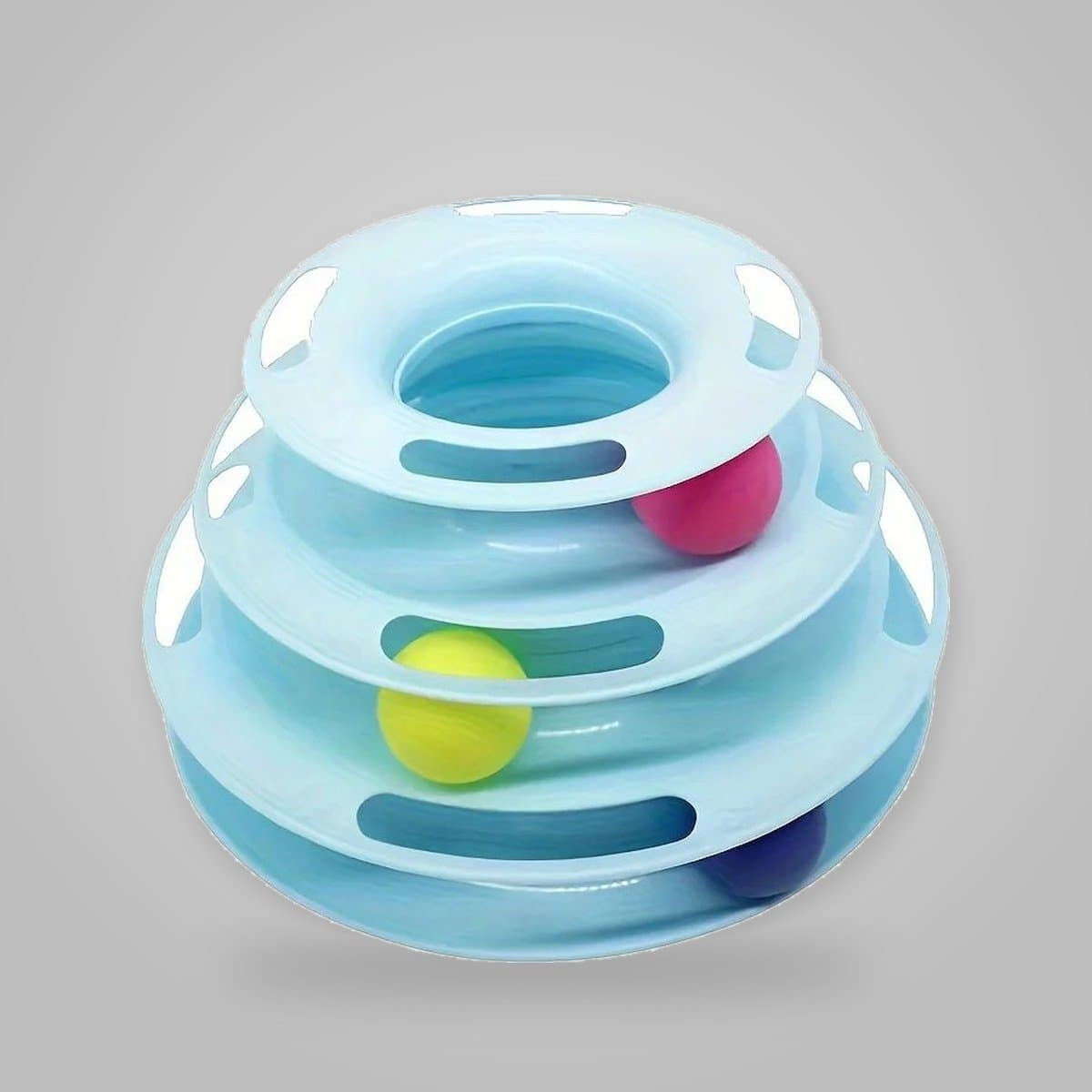 Torre de bolas para gatos de tres niveles en azul, toma de estudio