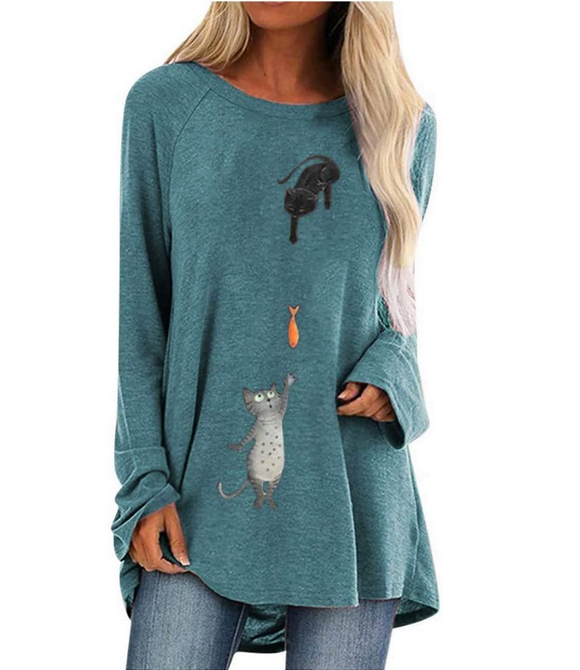 LEKODE Blusa para mujer con cuello redondo estampado de gato