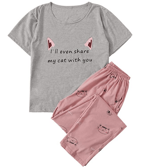 DIDK Conjunto de Pijama de Dibujos Animados para Mujer con Estampado de Gato, Cuello Redondo, Playera y Pantalones
