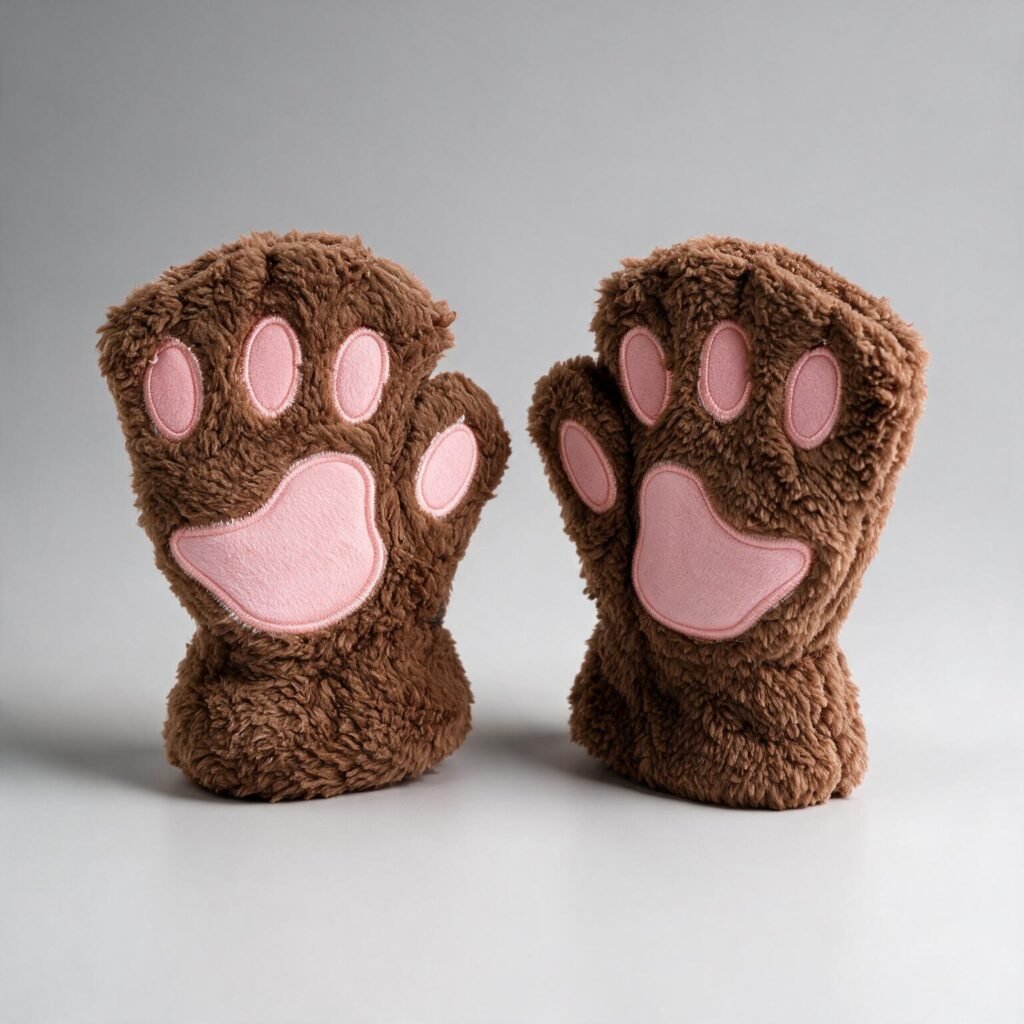Manoplas de felpa con forma de garra de gato en marron con almohadillas rosas