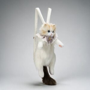 Mochila de peluche con forma de gato, cuello de encaje y cola larga