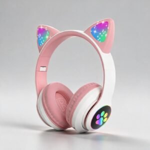 Audifonos inalambricos rosas con orejas de gato iluminadas