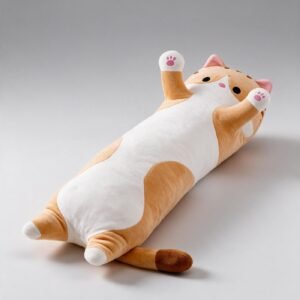 Peluche alargado de gato naranja y blanco para abrazar