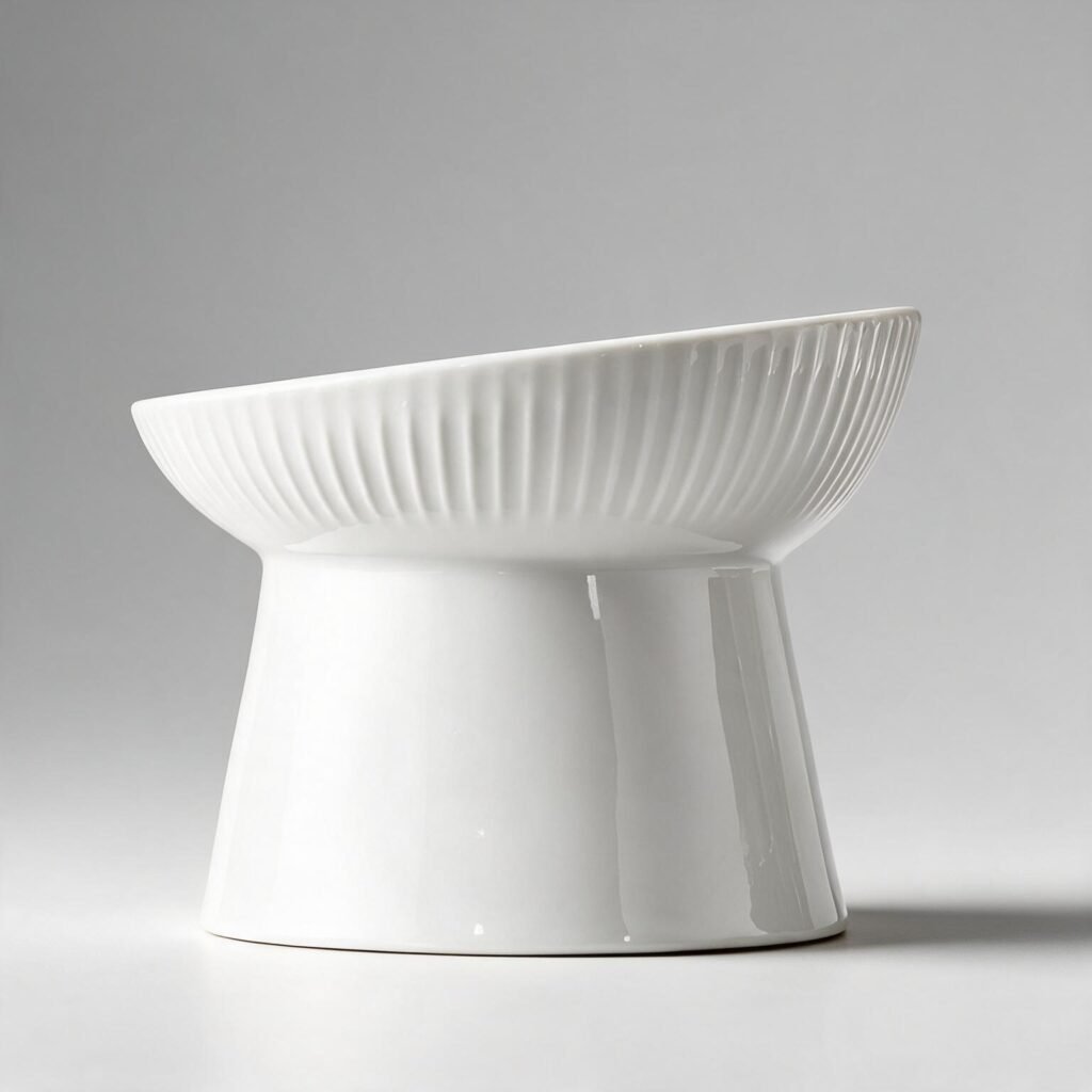 Comedero de ceramica blanca inclinado sobre pie alto estriado