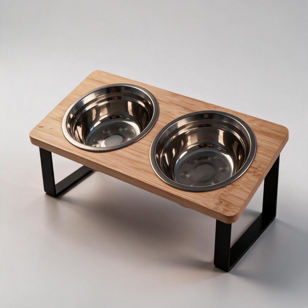 Comedero elevado con tabla de madera inclinada, dos tazones de acero y patas metalicas negras