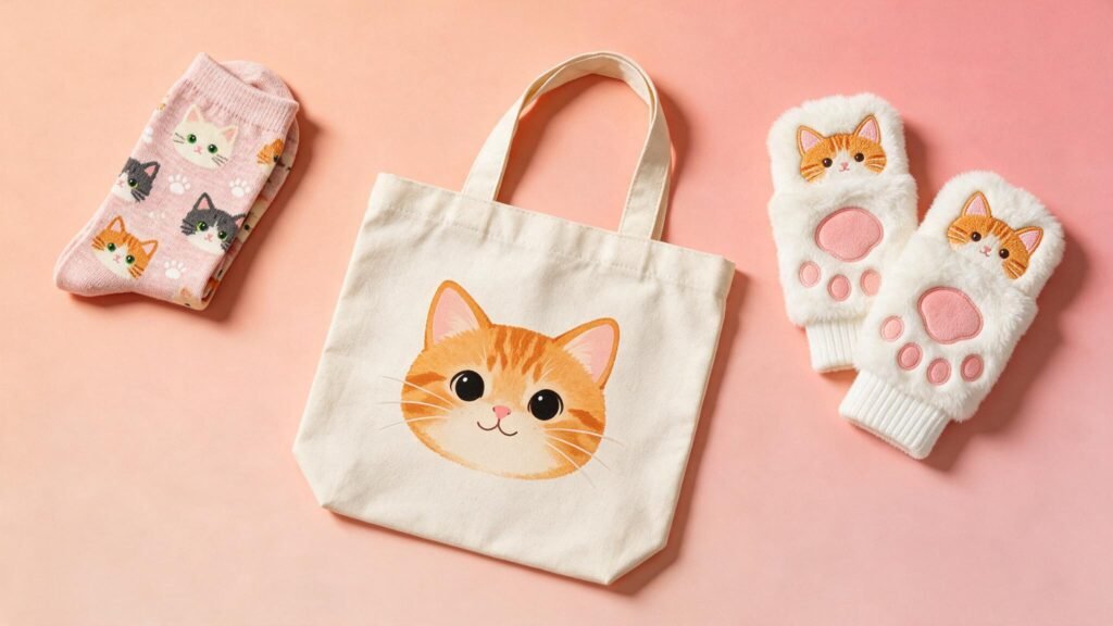 Bolsa, calcetines y manoplas con motivos de gato