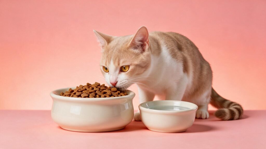 Cuenco de ceramica con pienso y un gato comiendo