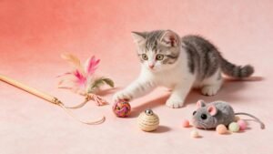 Juguetes para gato con un gatito jugando