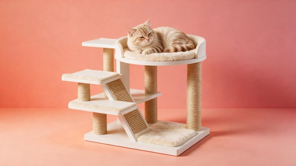Rascador de gato con plataformas y sisal, con un gato atigrado crema descansando arriba