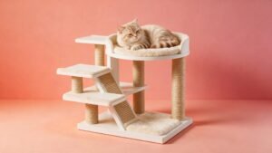 Rascador de gato con plataformas y sisal, con un gato atigrado crema descansando arriba