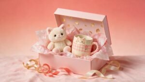 Caja de regalo abierta con un peluche de gato y una taza