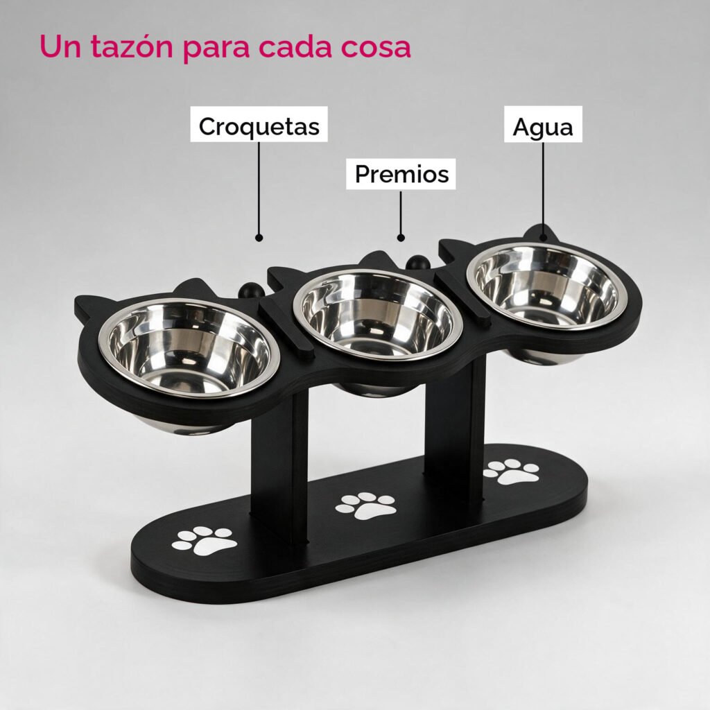 Un tazón para croquetas, otro para premios y otro para agua